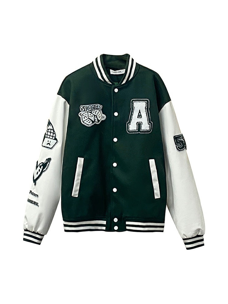 College Style Stand Up Collar Long Sleeved Three-dimensional Embroidered Letter Jacket Men