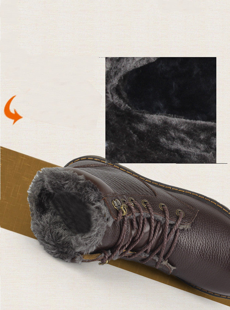 Winter Men's High-top Plus Fluffy Cotton Shoes Cowhide Plus Size To Keep Warm