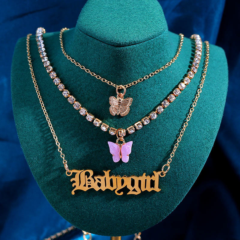 Resin Metal Butterfly Pendant Babygirl Letter Accessory Multilayer Necklace