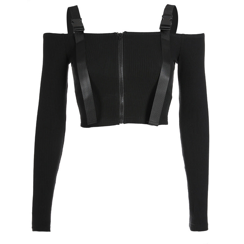 School bag buckle streamer word shoulder umbilical short long-sleeved T-shirt female