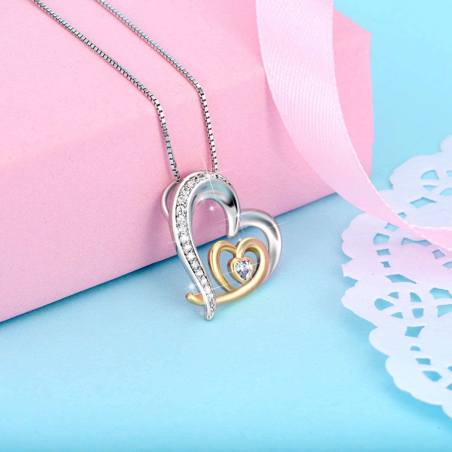 Two-tone Love Heart Moving Micro-inlaid Zircon Clavicle Chain