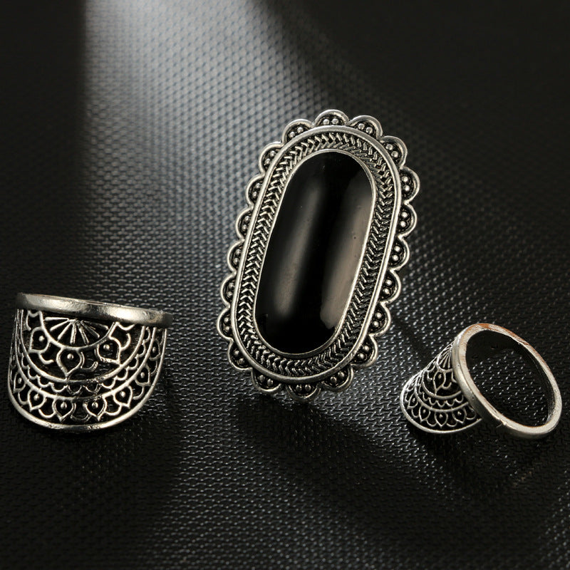 Hipster simple fashion black gem ring 3-piece set