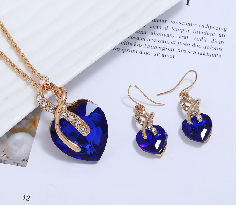 fashion banquet ornaments Two-piece set of peach heart crystal diamonds Big red heart-shaped earrings necklace set