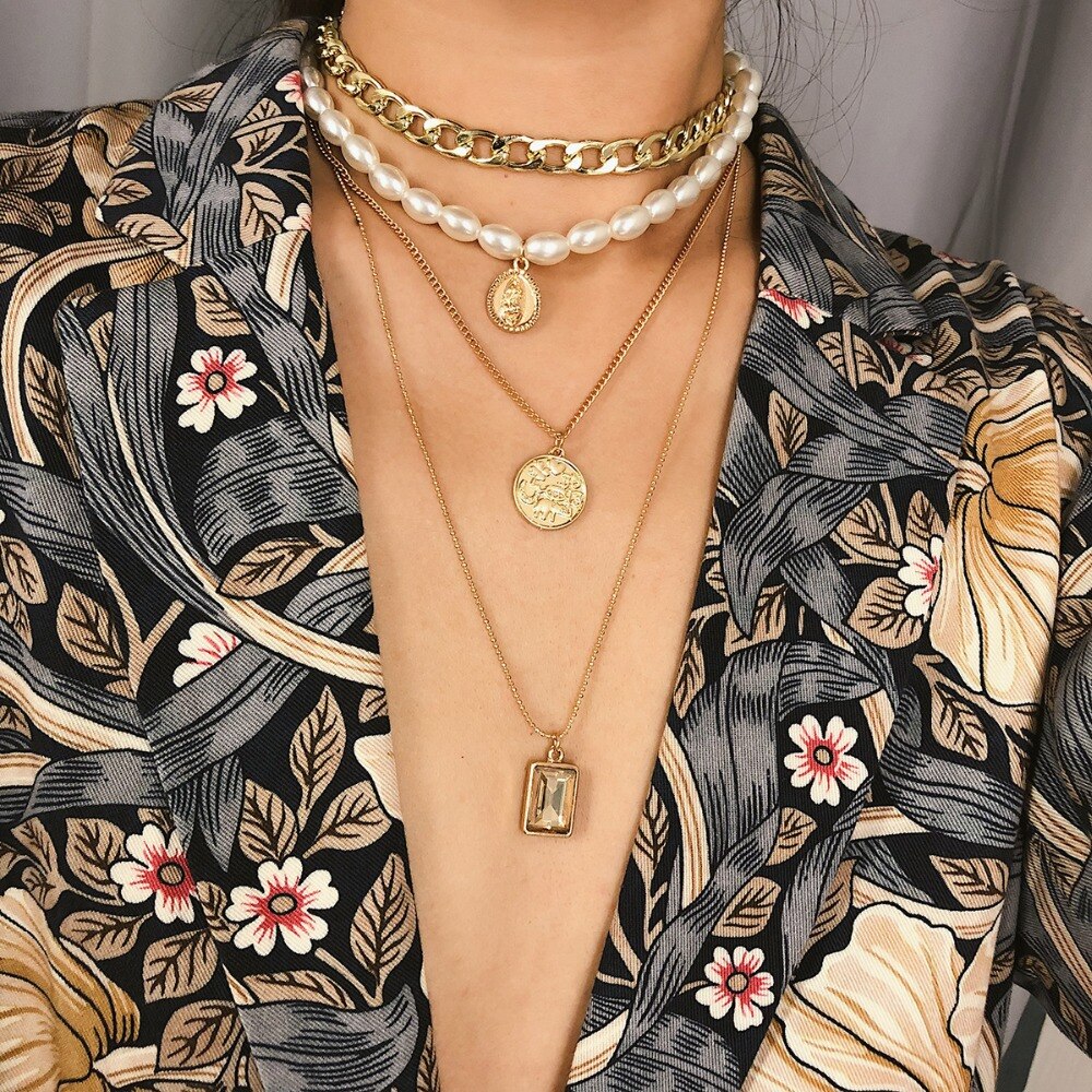 Vintage coin gemstone necklace sweater chain female personality temperament multi-layer pearl necklace