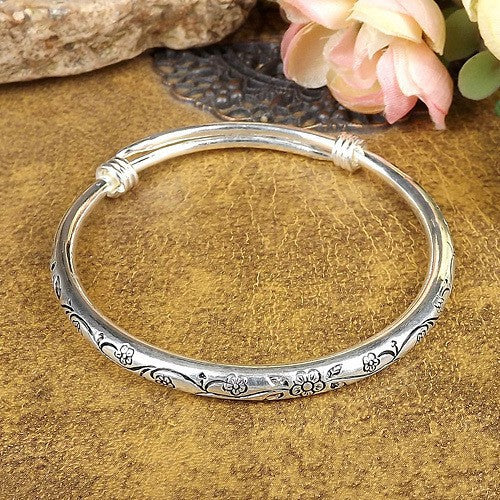 Tibetan Silver Seedling Silver Solid Carved Bracelet