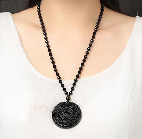 Obsidian Wolf Head Bagua Side Buddha Necklace