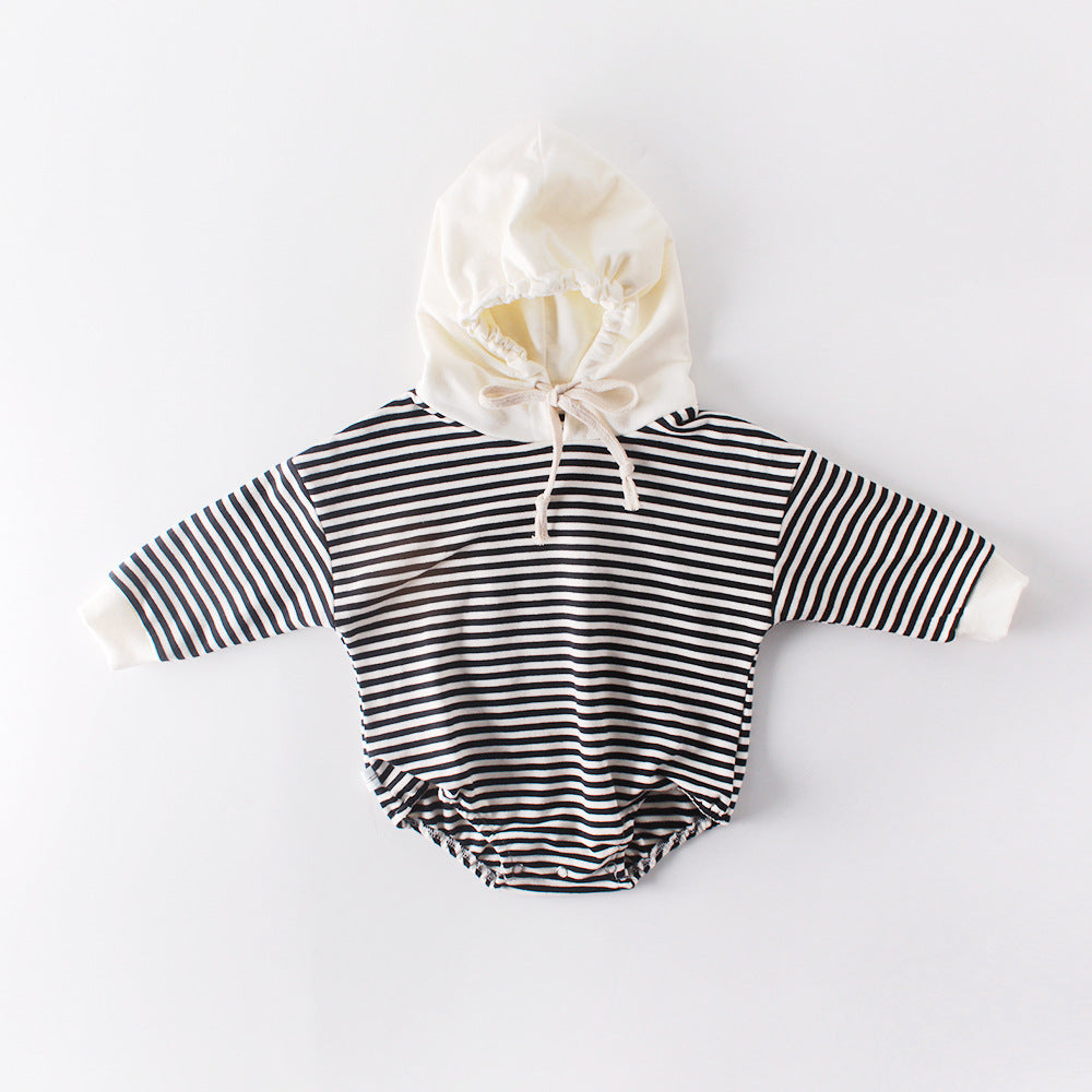 Ins Autumn Baby Striped Baby Clothes Hooded One-piece Hatching Climbing Suit Thickened