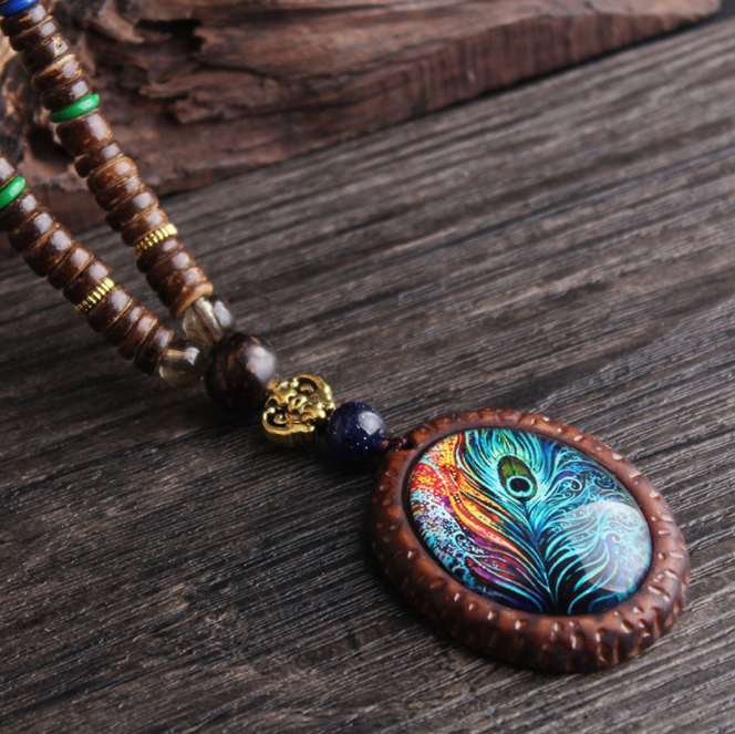 Peacock feather pendant ethnic style sweater chain