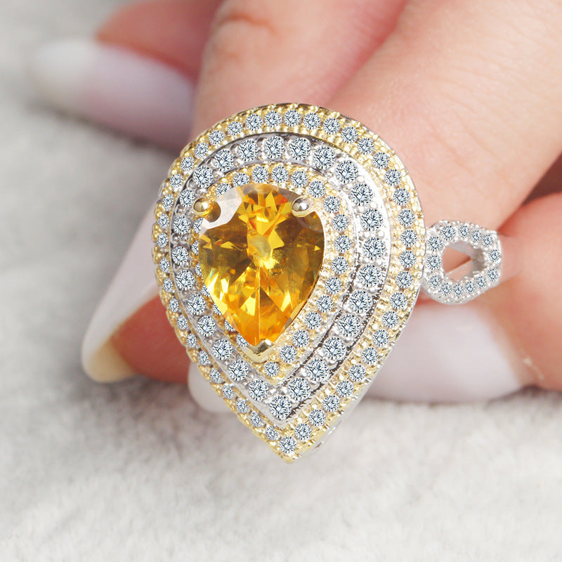 Hot Europe and America exaggerated ring Water drop diamond foreign trade classic Zircon yellow diamond wedding diamond ring