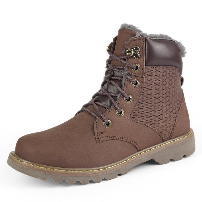 Winter Men's High-top Plus Fluffy Cotton Shoes Cowhide Plus Size To Keep Warm
