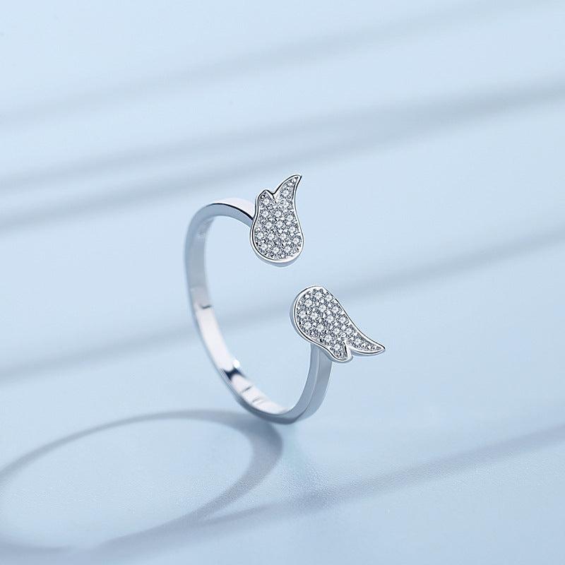 Fashion Sweet Diamond Angel Wing Silver Ring