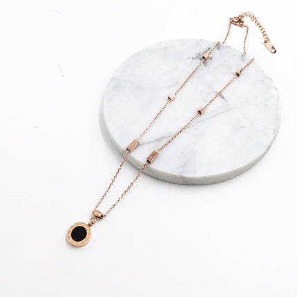 fashion titanium steel plated 18K rose gold black and white double-sided Roman numerals necklace color gold clavicle chain female short chain