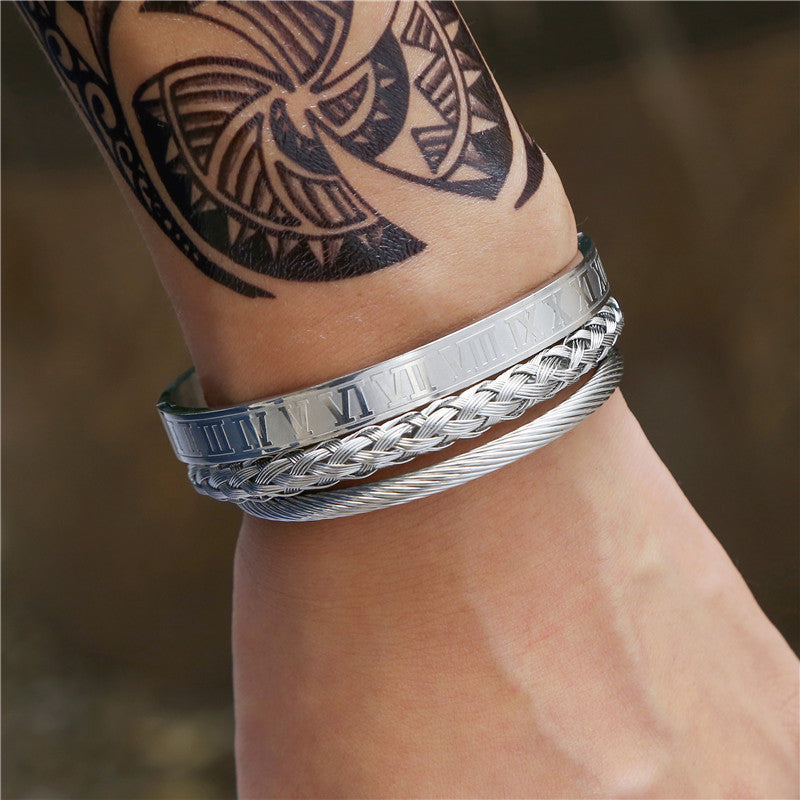 Titanium Steel Bracelet Set Male Personality Woven Open Bracelet