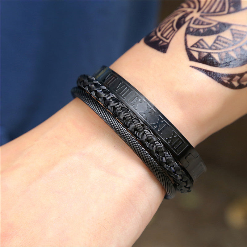 Titanium Steel Bracelet Set Male Personality Woven Open Bracelet