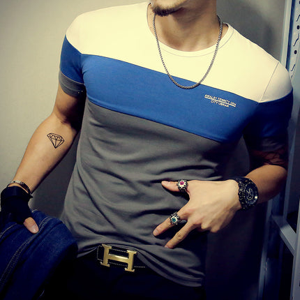 Men's patchwork short sleeve men's casual crew neck T-shirt polo