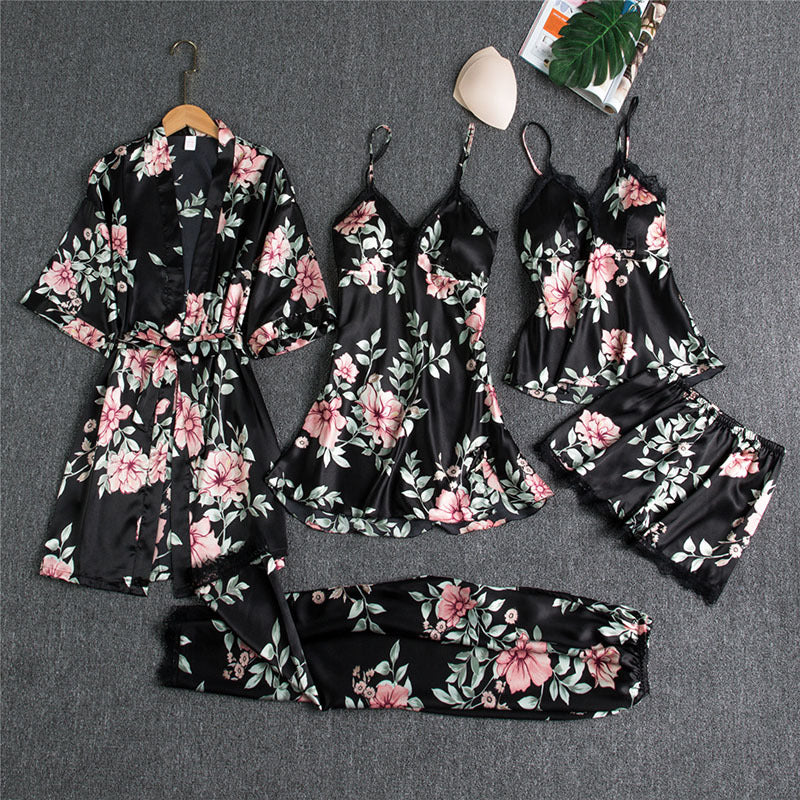 Five-Piece silk Pajamas Women underwear sleeping set