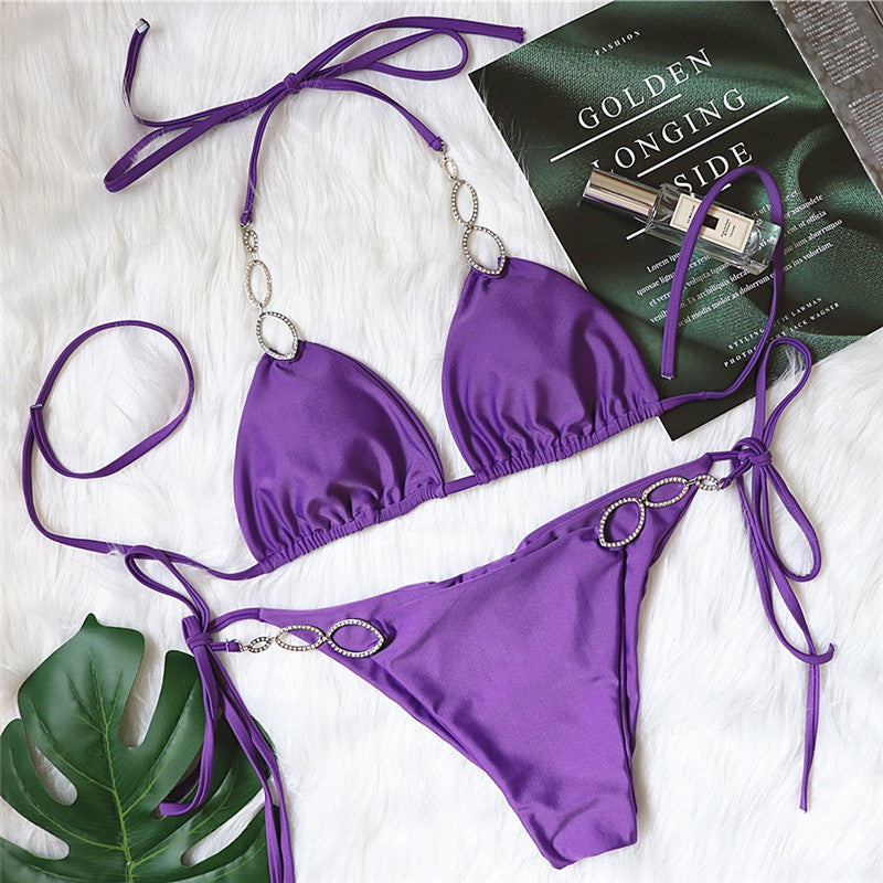 Metal Accessories Rhinestone Female Split Swimsuit