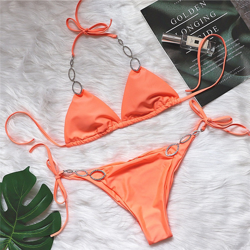 Metal Accessories Rhinestone Female Split Swimsuit