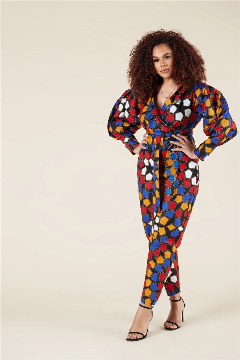 Women's V-neck Autumn Long-sleeved Jumpsuit African Style Cropped Trousers