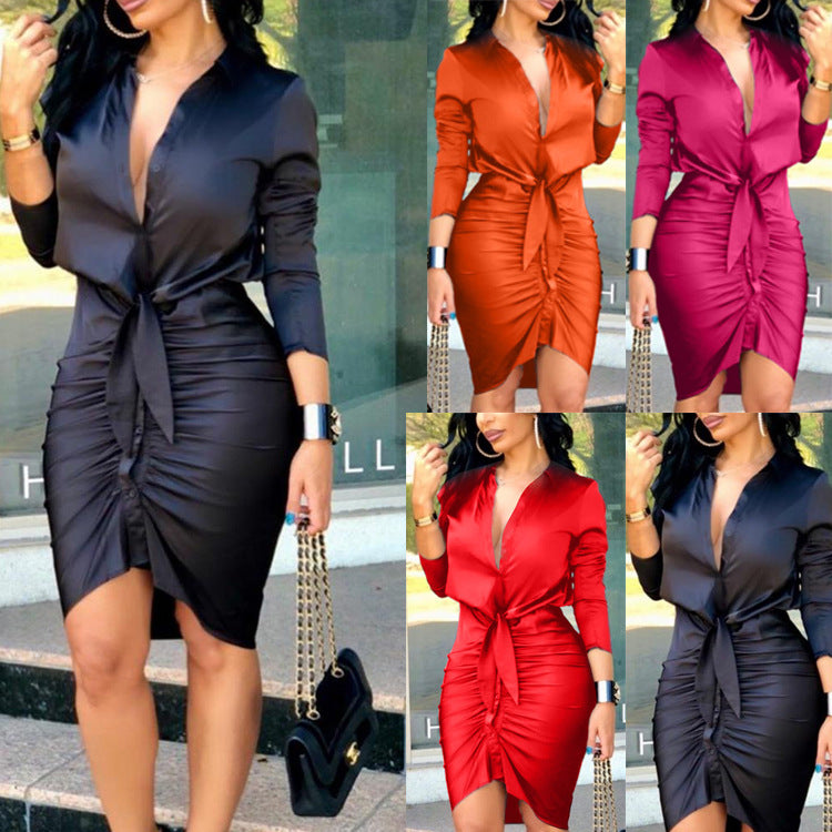 Women Lace-up Solid Color Long Sleeve Party Dress