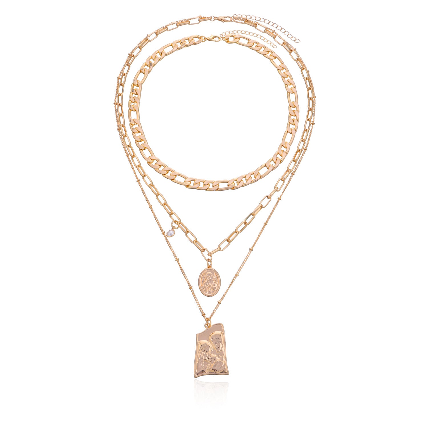 Vintage Punk Multi Layered Women's Pearl Necklaces Fashion Long Geometric Portait Pendant Necklace