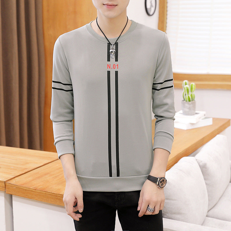 New mens printed long-sleeved T-shirt teen round neck bottom top fashion casual mens clothing
