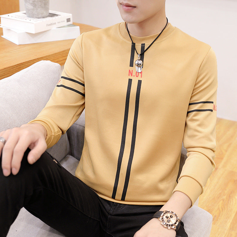 New mens printed long-sleeved T-shirt teen round neck bottom top fashion casual mens clothing