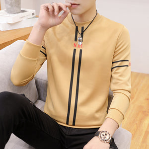 New mens printed long-sleeved T-shirt teen round neck bottom top fashion casual mens clothing