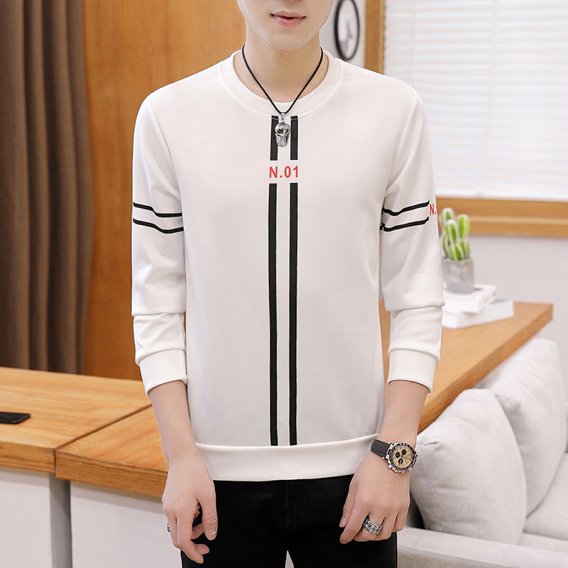 New mens printed long-sleeved T-shirt teen round neck bottom top fashion casual mens clothing