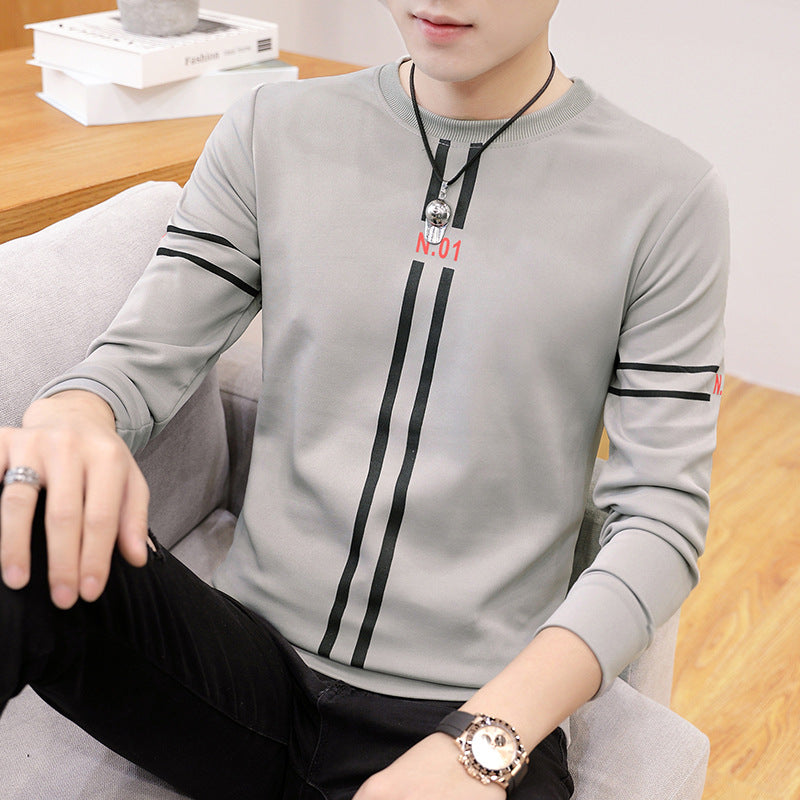 New mens printed long-sleeved T-shirt teen round neck bottom top fashion casual mens clothing