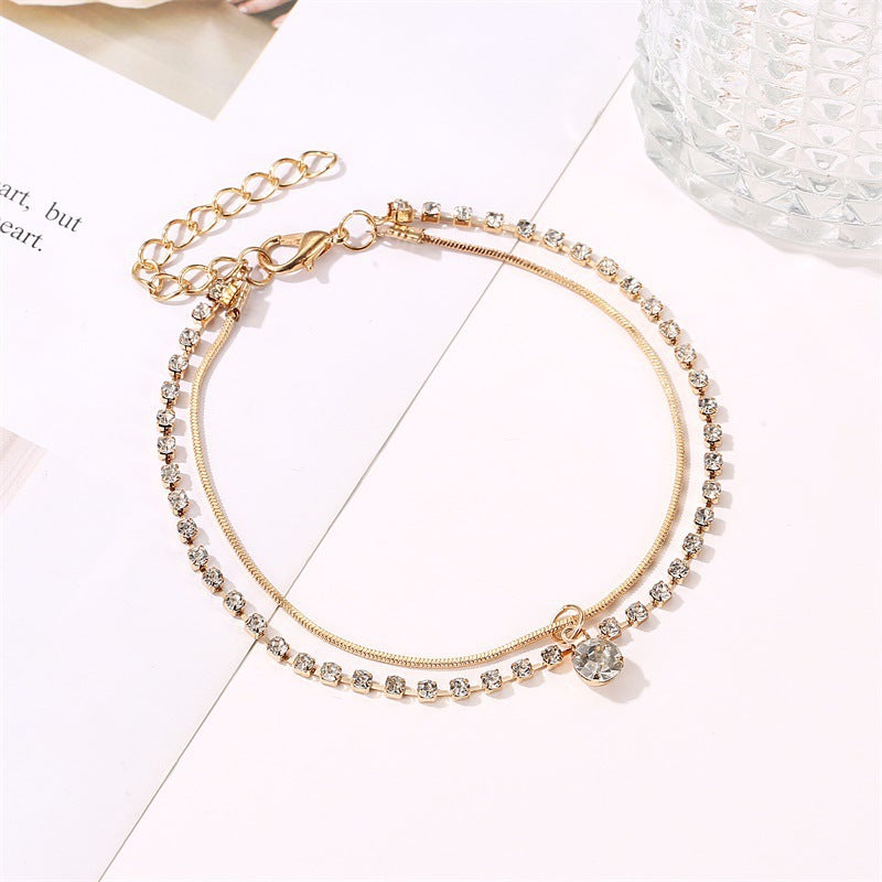 Ladies Double Layer Anklet With Diamond Claw Chain
