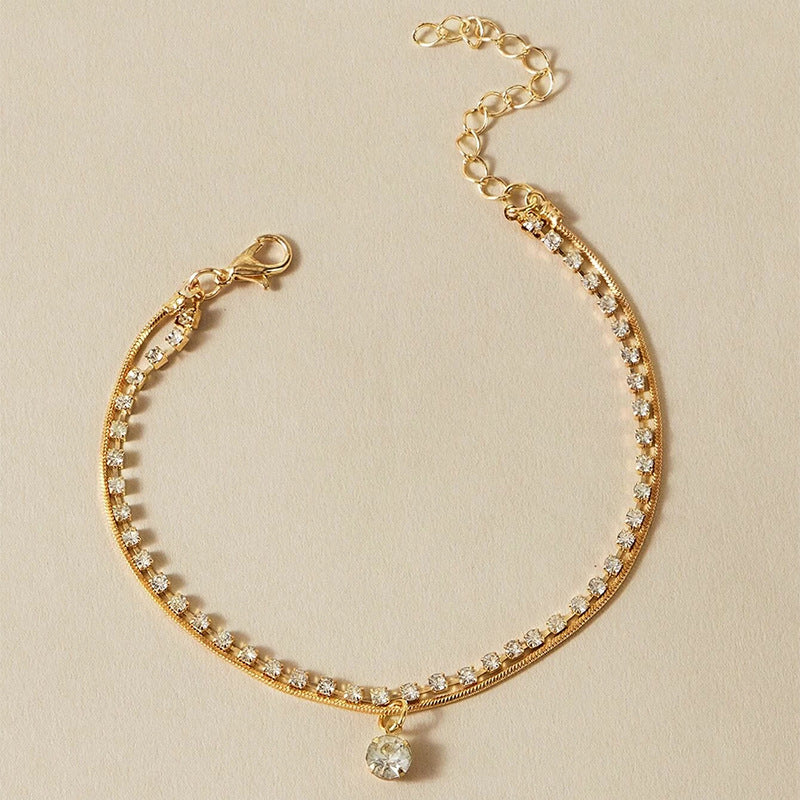 Ladies Double Layer Anklet With Diamond Claw Chain