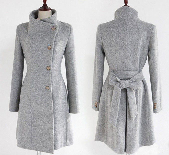 Woolen Women's Coat Mid Length Single Breasted Belted Woolen Coat