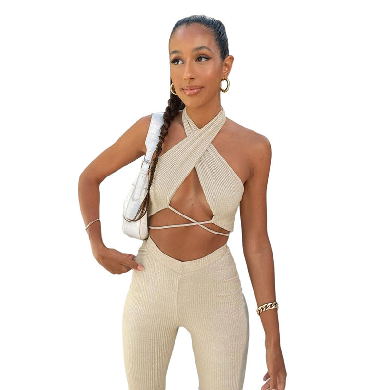 Women's Hanging Neck Short Navel T-Thirt   Casual Suit Women