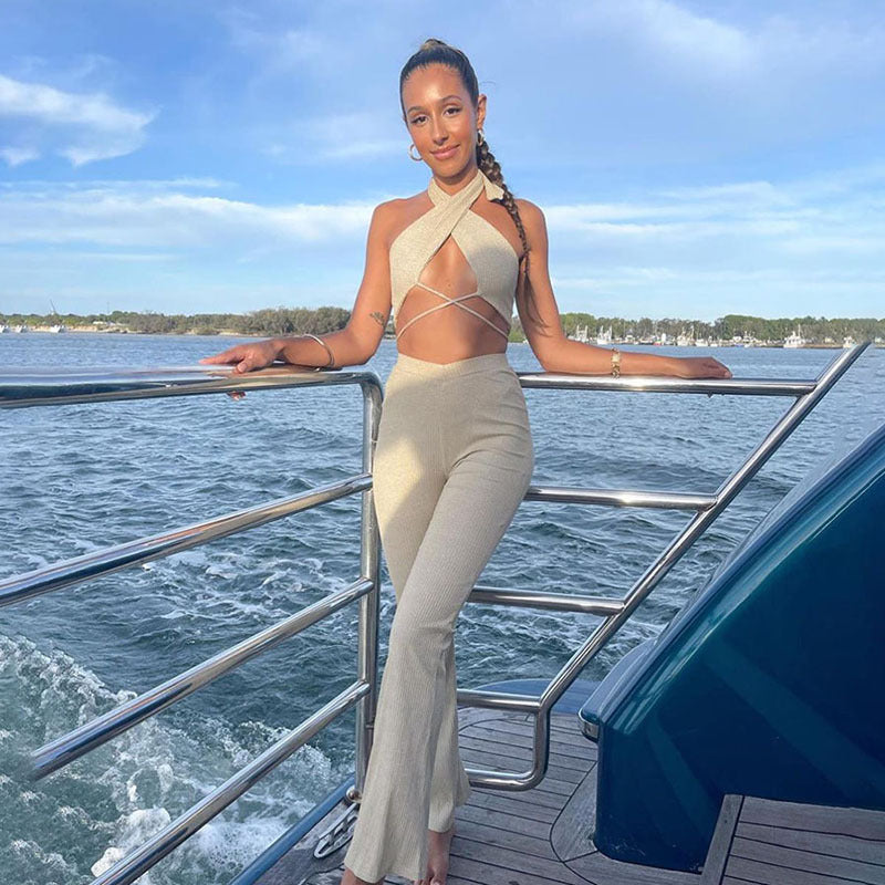 Women's Hanging Neck Short Navel T-Thirt   Casual Suit Women