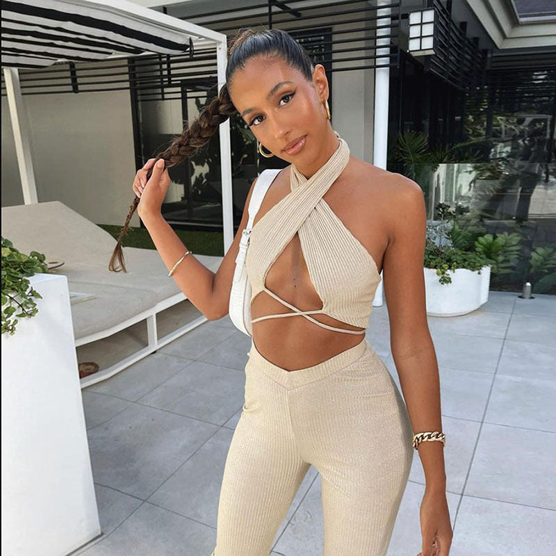 Women's Hanging Neck Short Navel T-Thirt   Casual Suit Women