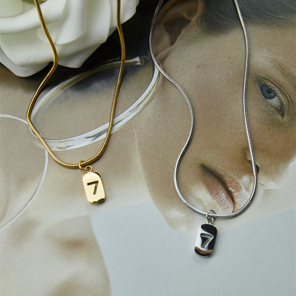 Lucky Number 7 Pendant Necklaces for Women Stainless Steel Gold Square Geometric Birthday Gift