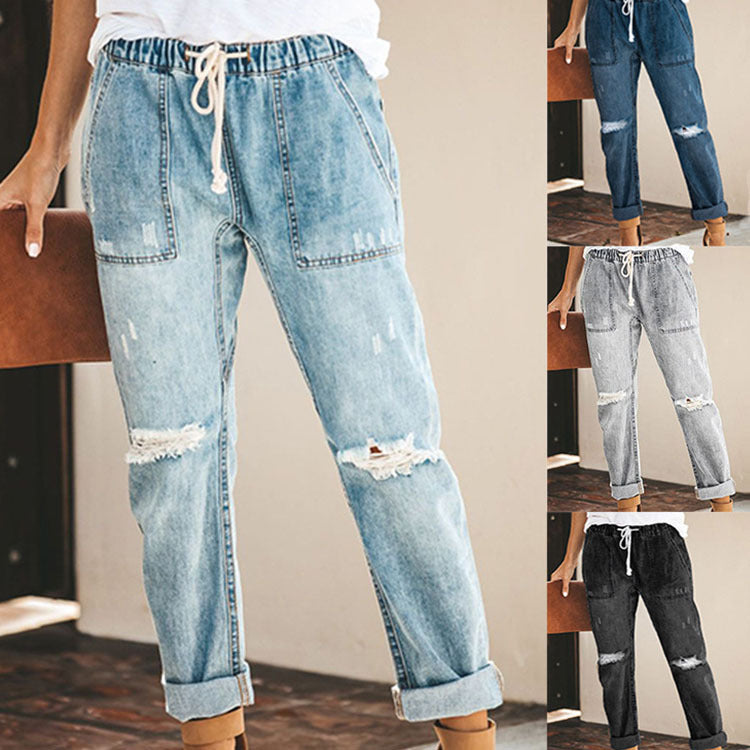 Alpscommerce  Women's Jeans Fashion Casual Street Hipster Korean Style Straight Leg Pants Ripped Trousers