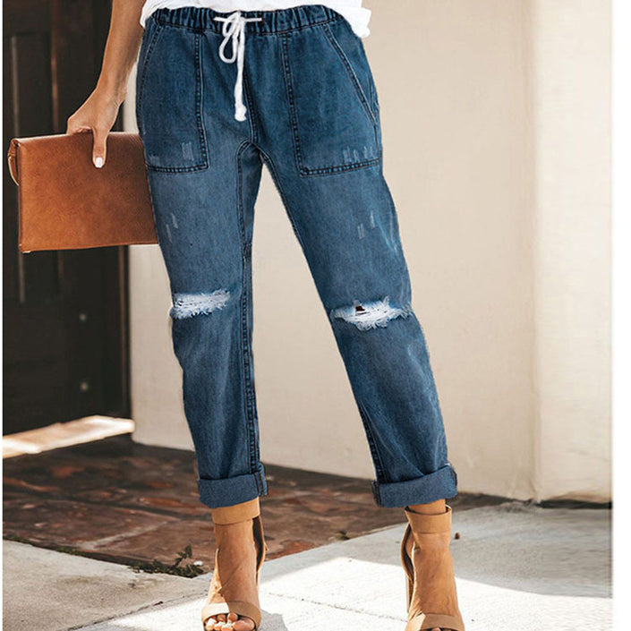Alpscommerce  Women's Jeans Fashion Casual Street Hipster Korean Style Straight Leg Pants Ripped Trousers