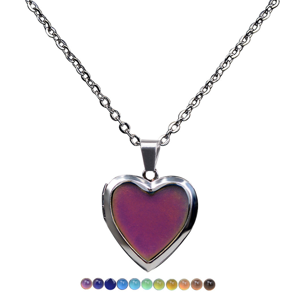 Fashion Warm Mood Color Changing Necklace Love Heart Photo Box Emotion Necklace