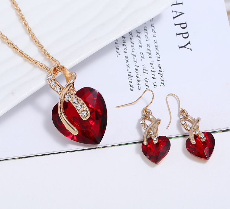 fashion banquet ornaments Two-piece set of peach heart crystal diamonds Big red heart-shaped earrings necklace set