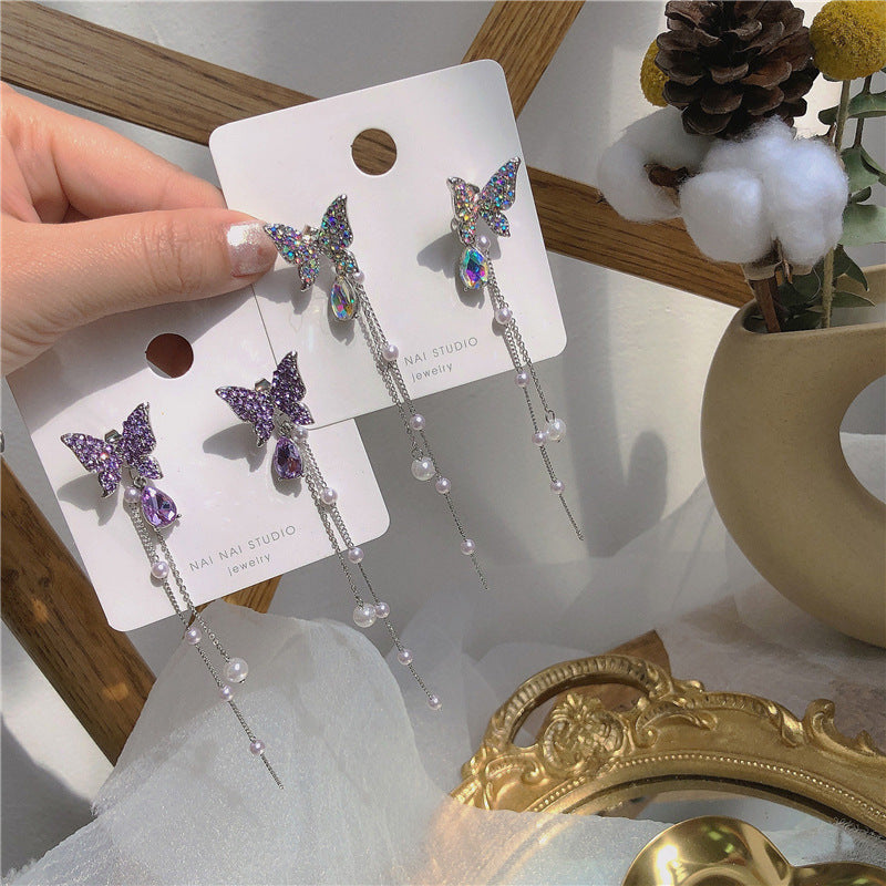 S925 Silver Needle New Two-Wear Butterfly Pearl Earrings Tassel Temperament Net Red Earrings Tide Ears