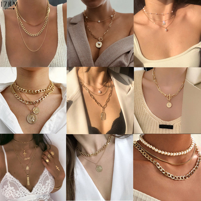 Creative Retro Pearl Irregular Metal Piece Necklace