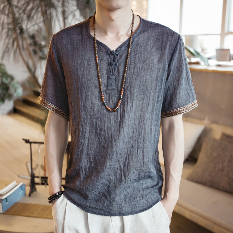 short sleeves Thin section linen casual large size short sleeve men's cotton and linen T-shirt