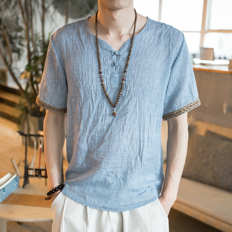 short sleeves Thin section linen casual large size short sleeve men's cotton and linen T-shirt