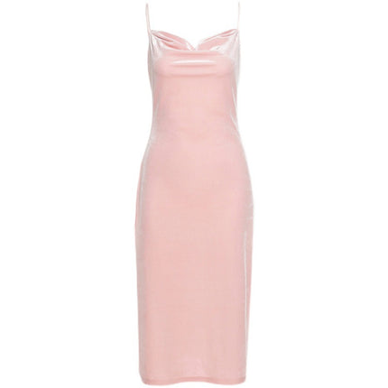 Dulzura Velvet Solid Women Strap Midi Dress Slit Stacked Loose