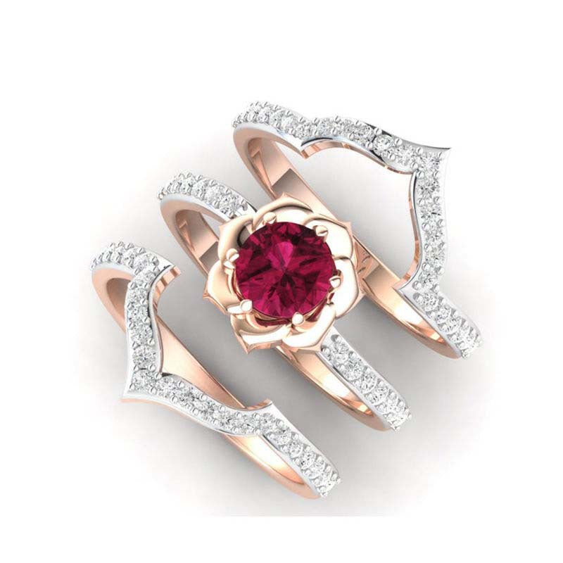 Hecheng Wish New European And American Fashion Ladies Ring Rose Gold Ruby Flower With Diamond Ring