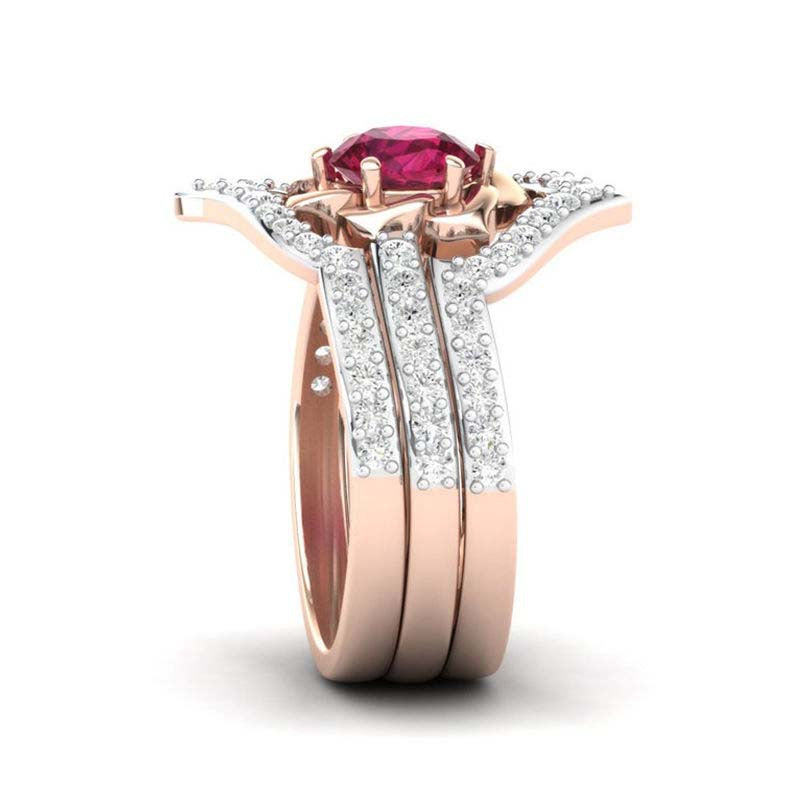 Hecheng Wish New European And American Fashion Ladies Ring Rose Gold Ruby Flower With Diamond Ring