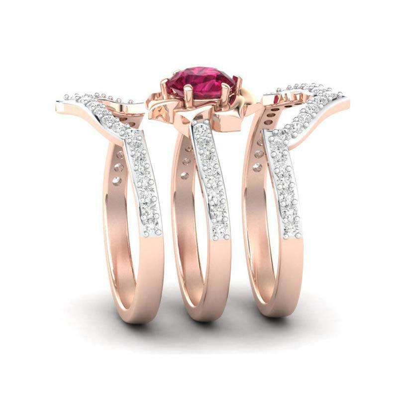 Hecheng Wish New European And American Fashion Ladies Ring Rose Gold Ruby Flower With Diamond Ring