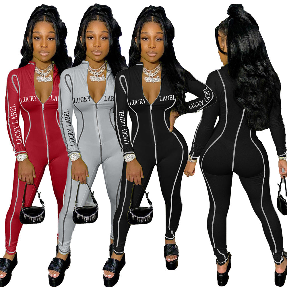 alphabet print sexy zipper jumpsuit